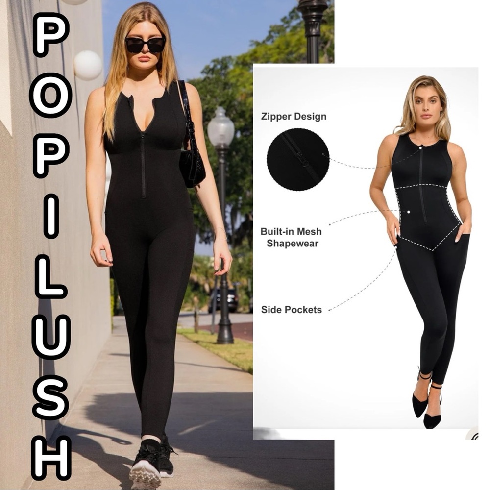 Popilush Black Shapewear Sleeveless Body-Sculpting Zip Front Jumpsuit